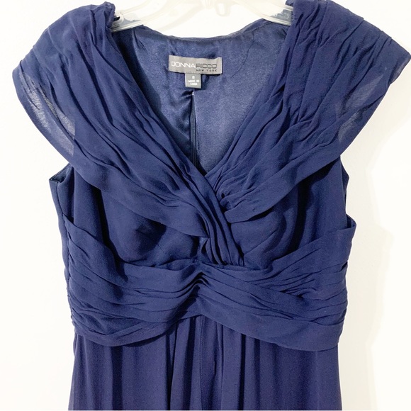 Donna Ricco Silk Midi Dress Sheer Overlay Draped Front Gathered Collar Bodice 💙 - Picture 3 of 12